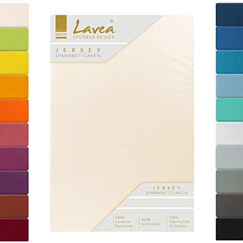 Jersey Topper Spannbettlaken, Topper Spannbetttuch, Lavea Topper Serie Maya, 200x220cm für Boxspring- und Wasserbetten, Creme Naturweiß, 100% Baumwolle, hochwertige Verarbeitung, mit Gummizug