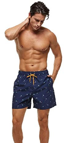 ShopINess Costume da Bagno da Uomo per Spiaggia e Piscina ad Asciugatura Rapida con Fodera in Rete Fantasia (Palme, 2XL)