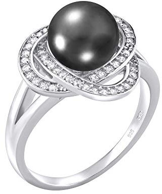 SILVEGO Damen Ring aus 925 Sterling Silber mit echter schwarzer Perle und Zirkonia