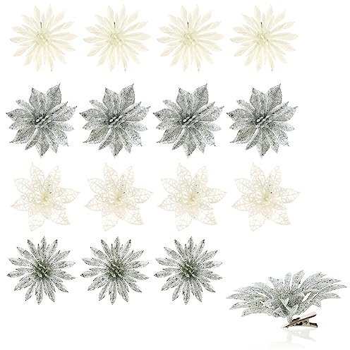 com-four® 16x Deko-Blumen mit Clip - glitzernde Blüten zum Anklemmen - Blumenanstecker als Raumdeko für Weihnachten und Valentinstag - Blüten als Dekoration [Auswahl variiert]