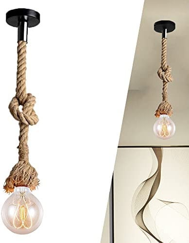 Lampadario in Corda di Canapa Singola Testa Canapa Vintage Luce Appesa Soffitto Lampada a Sospensione Retro Stile Country per Soggiorno Cucina Rustica Ristorante camera da letto, E27 pendente