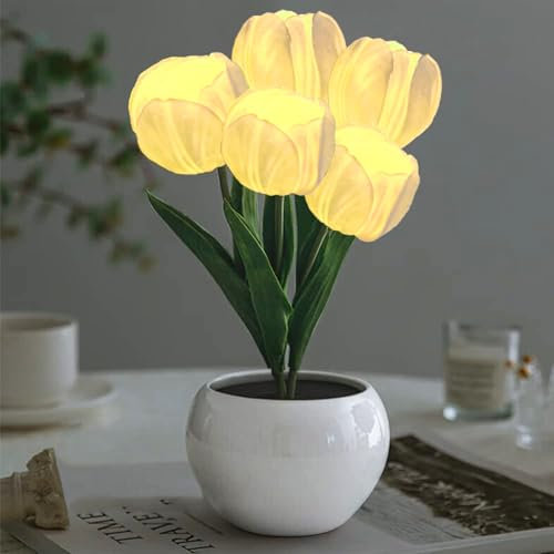 GOUTOOL Flower Table Lamp Tulip Desk LED Night Light for Home Living Room Decor Artificial Flower with Vase Table Centerpieces for Birthday Holiday Party Wedding Room Decoration (White)