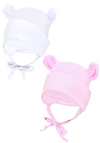 TupTam Baby Erstlingsmütze mit Ohrenklappen 2er Pack, Farbe: Weiß/Rosa/mit Ohren, Größe: 50-56