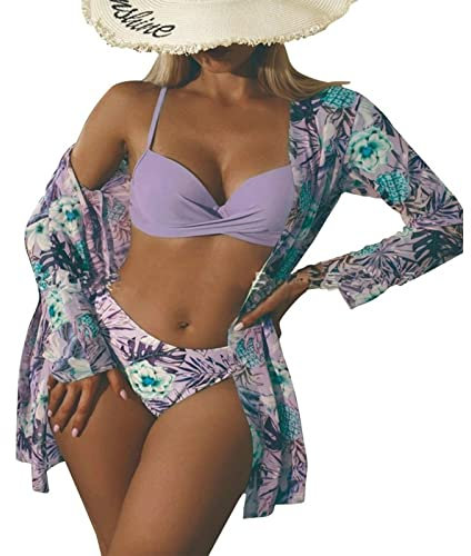 Litthing Damen Bikini Set mit Schalbluse, Push up Verstellbar Crossover Ties-up Neckholder Bikinioberteil Gedruckt High Waist Bikini Bademode Bauchweg Swimsuit, Violett 1