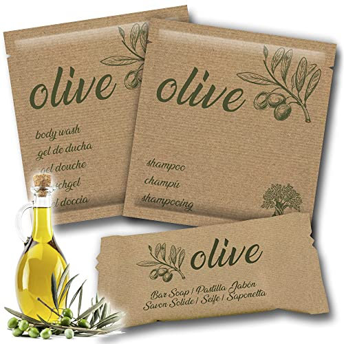 GPQ - Hotel Amenities Set | Olive Kit | Duschgel + Shampoo + Seife Pack | 100 x 3 Produkte | Bulk Hotelausstattung | Ohne Parabene | Apartment, Herrenhaus, B&B, Ausflug, Gästehaus | Made in UE