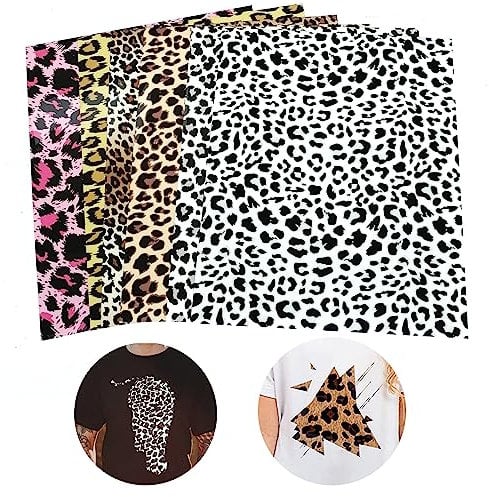 YJFY 6 Blatt Plotterfolie Textil PU Transferfolie Plotter Flexfolie Heat Transfer Vinyl Selbstklebend für Textilien Transferfolie zum Aufbügeln DIY T-Shirt Stoffe 25cm × 30.5cm (Leopardenmuster)