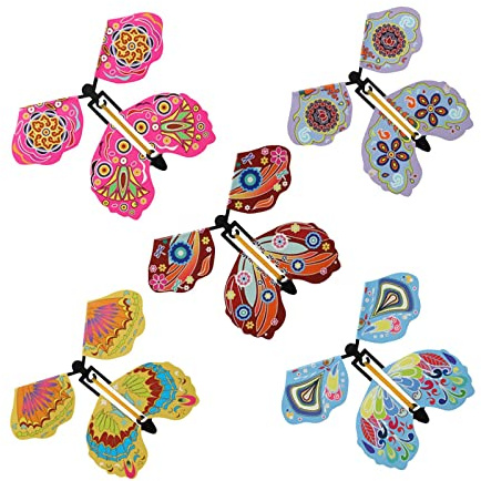 Almencla 5 Stück Schmetterlingsflieger Windspiel Schmetterlingsrequisiten Zaubertricks Gummiband Aufziehspielzeug mit PP Material für Bühnenauftritt Party Hoch, Stil d