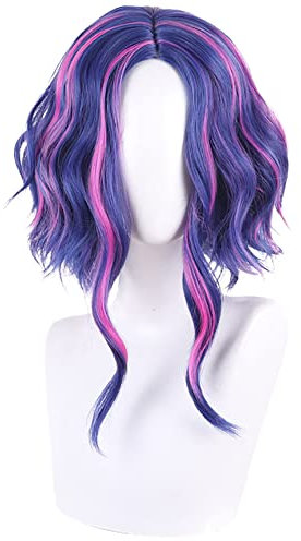Anime Cosplay-Perücke für kurzes lila welliges lockiges Haar aus synthetischem Material für erwachsene Frauen Halloween Weihnachten Rollenspiel