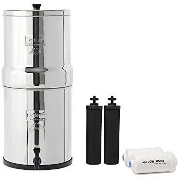 Big Berkey Système de filtre à eau alimenté par gravité avec 2 éléments Berkey noirs, 2 éléments de réduction du fluorure et de l'arsenic Berkey PF-2