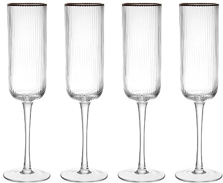 MIKASA Sorrento Ridged Crystal Champagne Flute Glasses with Gold Rim and Wide Shape, 200ml, Set of 4 Lead-Free, Clear Fine Glasses, Sleek Design for Celebrations