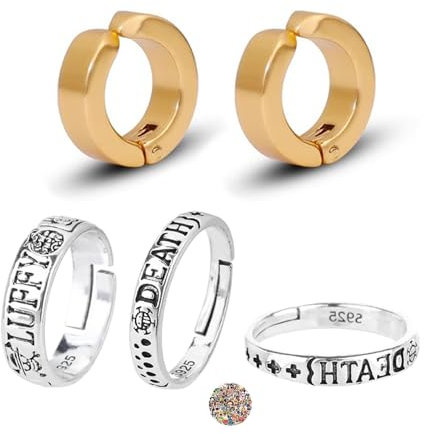 Zaky Anime Nautische Luffy Skelett Ringe Anime-Schmuck Trafalgar Herren Ohr Knochen Clip Manschette Ohrringe Ring Set mit Cartoon Charakter Zoro Aufkleber 15 Stück