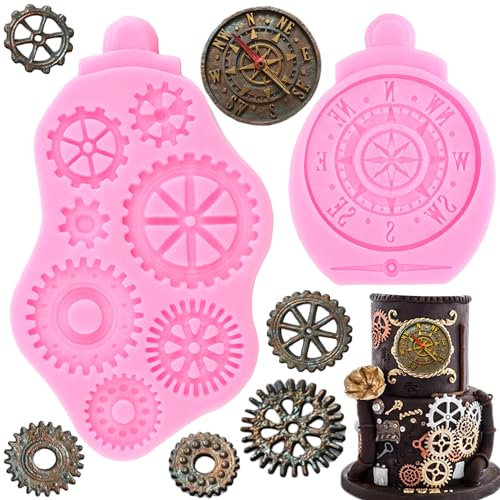 RFGHAC Steampunk Gear Silikonform Kompass Zahnräder Zahnräder Fondant Formen für Steampunk Reise Themed Kuchen Dekorieren Cupcake Topper Candy Chocolate Gum Paste Polymer Clay 2 Stück, ZB138CK