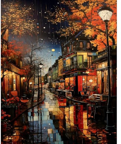 Rainy Night Paint by Numbers for Adults-Landscape Painting by Number Kits On Canvas,Scenery Craft Art Painting Kit Acrylic Pigment Drawing Paintwork for Gift Home Wall Decor(12x16inch,Frameless)