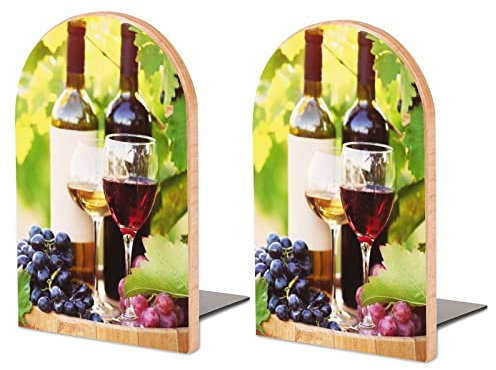 Lot de 2 serre-livres en bois antidérapant pour verres à vin rouge, bouteilles, raisins avec feuilles vertes et tonneaux en bois, support de livres en bois antidérapant pour étagères, maison, bureau,