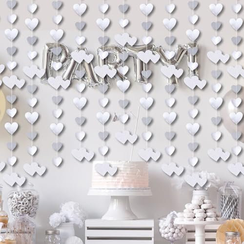 QeeFop Papier Girlande Deko, 52Ft Silber Herz Girlande Hochzeit Deko Doppelseitig Metallisches Papier Hängende Girlande für Hochzeit, Geburtstag, Brautparty Deko (Silber)