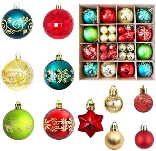 44 Stück Weihnachtskugeln Kunststoff Set Rot Grün, Weihnachtsbaumkugeln Christbaumkugeln Deko Weihnachten, Weihnachtsbaumschmuck, Wetterfeste Weihnachtskugeln Weihnachtsdeko Innen Aussen