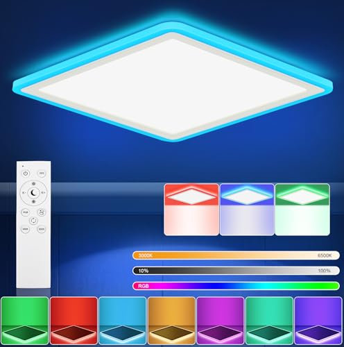 RDGOOD 24W RGB LED Deckenleuchte Dimmbar mit Fernbedienung, 2400LM Deckenlampe Dimmbar 3000K-6500K, RGB Farbwechsel Seitebeleuchtung für Wohnzimmer Schlafzimmer Kinderzimmer Küche Keller 32x32x2,5cm