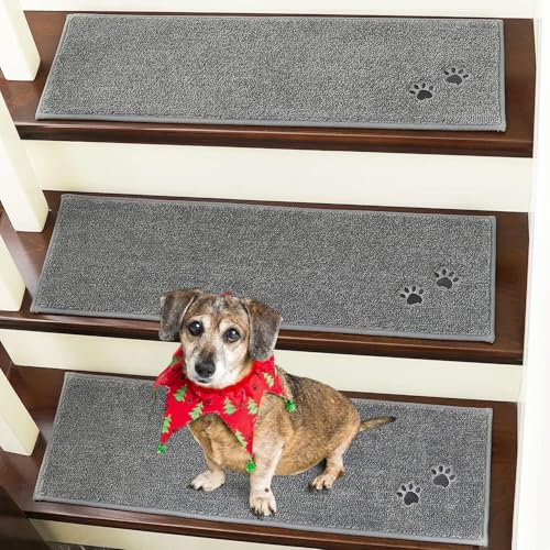 BEQHAUSE Stufenmatten rutschfest 4 Stück,Treppenmatten Einfassung Selbstklebend Sicherheit Stufenteppich für Kinder, Älteste und Haustiere mit 100% Polyester TPE-Rücken (22X70cm, Grau)