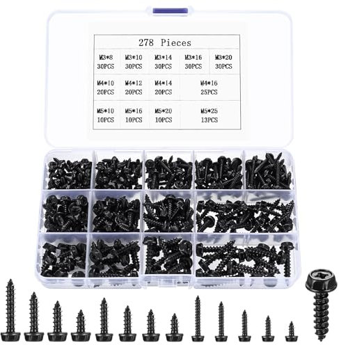 278 Pz M3 M4 M5 Viti Autofilettanti per Metallo, Viti Autofilettanti a Testa Esagonale con Testa a Flangiate, Viti a Flangia Esagonali a Testa a Croce per Lamiera Plastica, Viti per Legno(Nere)
