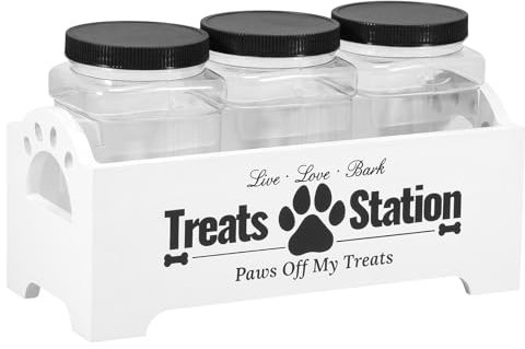 Sutowe Dog Treat Container with 3 Treat Jars Cute, Plastic Dog Food Container with Wooden Holder Reusable Dog Cookie Jar Cat Treat Holder for Pett Dog and Cat(white)