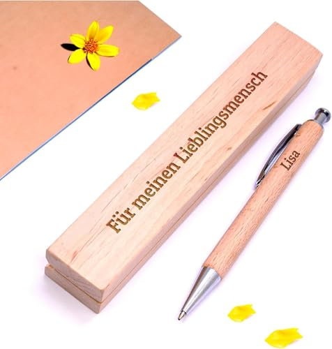 Diamandi Holz-Kugelschreiber mit Gravur inkl. Etui - Personalisiert mit Name oder Spruch - Holz Stift als Geschenk-Idee zur bestandenen Prüfung, Schulabschluss, Geburtstag (Holzstift-Lieblingsmensch)