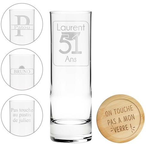 KDO MAGIC Verre à ricard personnalisé - Prénom ou texte gravé - Marquage au laser - Cadeau fête des pères, papa, noël, homme, retraite (Âge, Lot de 2)
