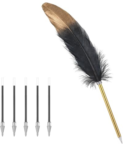 1 Stück Schreibfeder mit 5 Ersatzminen, Goldene Kugelschreiber Kalligraphie Stifte Zeichenfeder Schulbedarf Kalligraphie Feder zum Schreiben Vintage Federkiel Federstift mit Blauen Feder (Schwarz)