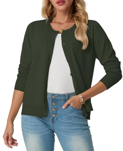 GRECERELLE Womens Summer Lightweight Cardigans Soft Knit Long Sleeve Ladies Green Cardigan Solid Crew Neck Jumper Casual Button Down Sweaters for Women UK,Summer Nights and Dating (Army Green, L)