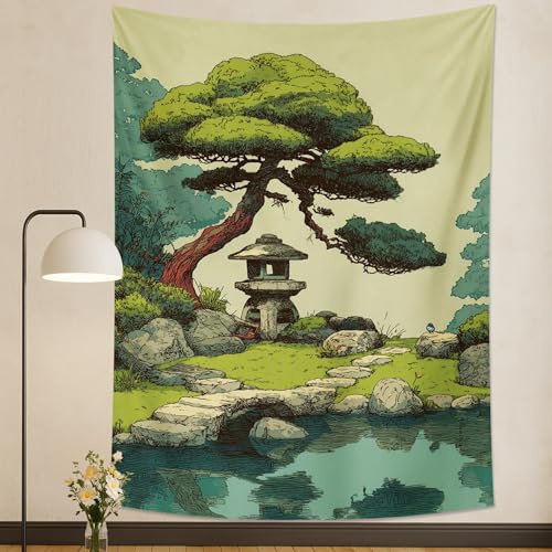 Japanischer Zen-Garten-Wandteppich, grüner Wandteppich, Kiefernbaum, Steinlaterne, malerischer dekorativer Wandbehang, ruhige, ästhetische Heimdekoration, Wandteppiche für Schlafzimmer, Wohnzimmer