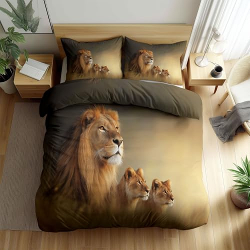 Generisch GelbErdbraun Bettbezug für Erwachsene Kinder, Bettwäsche Set 135 x 200 cm + 1 Kissenbezüge 80 X 80 cm, Pflegeleichtes Surrealismus Tier Löwe Deckenbezug mit Reißverschluss