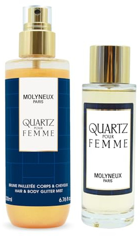 MOLYNEUX – Quartz Femme - Eau de parfum 100ml et brume pailletée 200ml, parfum femme floral fruité et brume corporelle scintillante, coffret cadeau femme