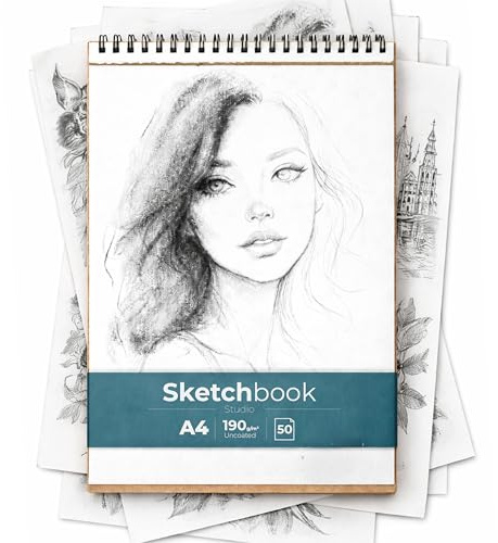 Sketchbook A4 – Album da Disegno A4 Liscio con Carta Spessa 190 g/m², Blocco per Schizzi da 50 Fogli Microperforati