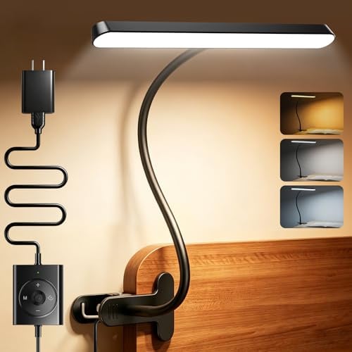 Glocusent 7W Lampe de Bureau à Pince, 57 LED Lampe Lecture, Pince de 7 cm | 3 Couleurs & 5 Luminosité, Mode Ambre & Minuterie 30 Min, Lampe Pince pour Lit USB pour Lire/Étudier/Travailler