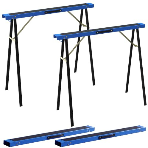 HOMCOM Arbeitsbock 2er Set Klappbock Griff bis 350 kg Belastbar Blau | Sägebock, Gerüstbock, Unterstellbock, Stützbock, aus Metall, mit Rutschfester Oberfläche