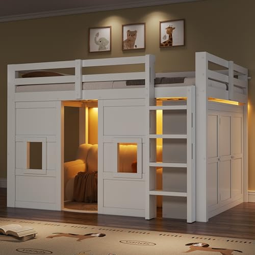 Taikonaut Robustes Hochbett 140x200, Hochbett mit Kleiderschrank, Holzbett aus Kiefer und MDF, weiß, mit 2 Fenstern, LED-Beleuchtung, Schutzgeländer, Treppe und 15 Latten