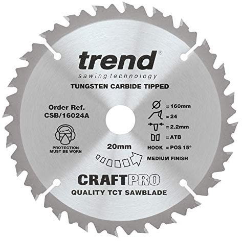 Trend Wood Circular Saw Blade, 160mm Diameter, 20mm Bore, 24 Teeth, 2.2mm Kerf, +15° Hook, TCT, Medium Finish, CSB/16024A