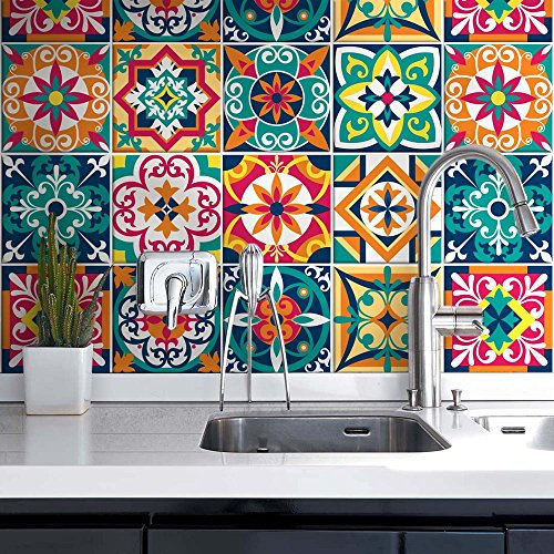 RE-COVERTILES - Autocollants Carrelage Salle de Bain et Cuisine 24 Pcs 10x10 cm - PS00187 Décoration murale en carrelage mosaïque PVC imperméable style carreaux de ciment Azulejos