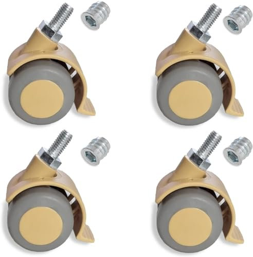 Sämann 4er Set Möbelrolle beige Gummirolle Lenkrolle Laufrolle Hartbodenrolle Drehstuhl mit Gewindeschraube M8 und Gewindehülse M8 x 15 mm