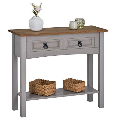 IDIMEX Console Ramon Meuble avec 2 Tiroirs et 1 Étagère, Table Console d'Entrée en Pin Massif, Poignée en Métal, en pin Massif Gris et Brun