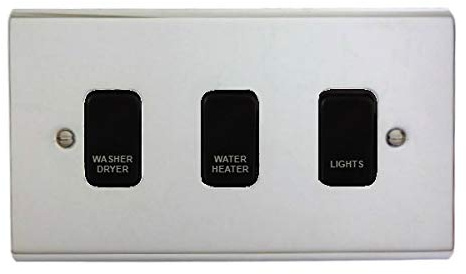 Deta Electrical Co. Ltd Polished Chrome Customised 3 Gang Wall Mount Kitchen Grid Switch Panel with Black Push Button Rocker Switches - ON-OFF Operation