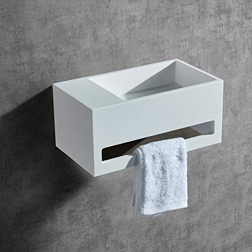 BERNSTEIN - Vasque Lavabo Rectangulaire suspendu Blanc mat 60x40x20cm Lave main mural fonte minérale + Porte-serviette & Bonde cache Blanc - Etagère à gauche - Design, Robuste & Durable - TWG02