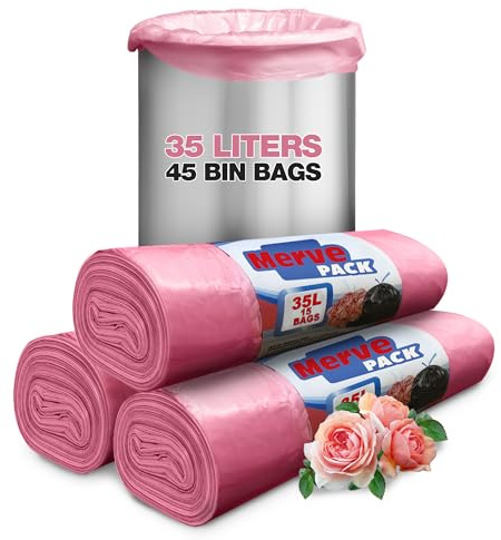 35L Rose Scented Bin Bags Counts 45 Bags, Bin Liners with Drawstring Trash Bags for Kitchen, Office and Bathroom, Small Pedal Bin Liners