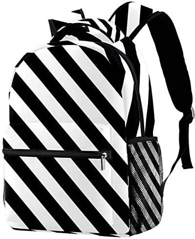 Schwarz-weiß gestreifter Rucksack für Herren, Schule, Büchertasche, Wandern, Reiserucksack, Schultasche für Damen