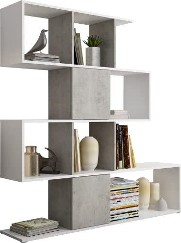 Domando Bücherregal Meaggio Modern für Wohnzimmer Breite 145cm, Push-to-Open-System, auffälliges Zick-Zack-Muster in Beton und Weiß Matt