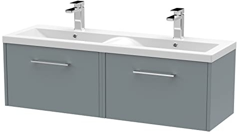 Hudson Reed JNU2322F Juno Modern Bathroom Wall Hung 2-Drawer Vanity with Ceramic Double Basin, 1200mm, Matt Coastal Grey