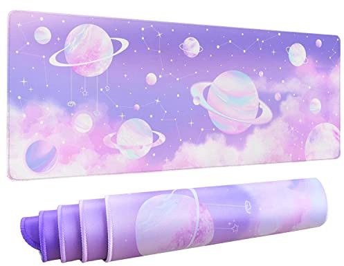 Ästhetisches Pastell-Gaming-Mauspad für Schreibtisch XL erweitert, Sternkonstellation, Weltraum, Marmor, Planet, Rosa, Lila, Schreibtischunterlage, große Tastatur-Schreibtischunterlage, Kawaii,