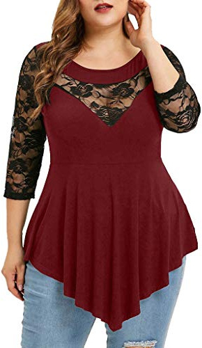 HAOLEI Plus Size Tops for Women 20-22 UK Loose Fit Lace Baggy Oversized T Shirt 3/4 Sleeve Curved Hem Floral Lace Blouses Elegant Crew Neck Patchwork Long Length Ladies Tunic Tops Sale Clearance