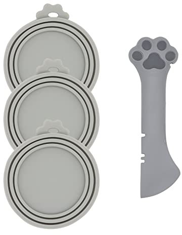 DORUI Pet Food Can Spoon & 3 Pcs Can Covers | Cute Paw Shape Opener Spatula Cat Wet Food Spoon | Universal BPA Free Silicone Lids for Dog Cat Cans(Grey)