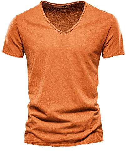 Camiseta de algodón para hombre, cuello de pico, manga corta, corte ajustado, monocolor, verano, manga corta, camiseta deportiva elástica y de secado rápido, M-3XL, naranja, M