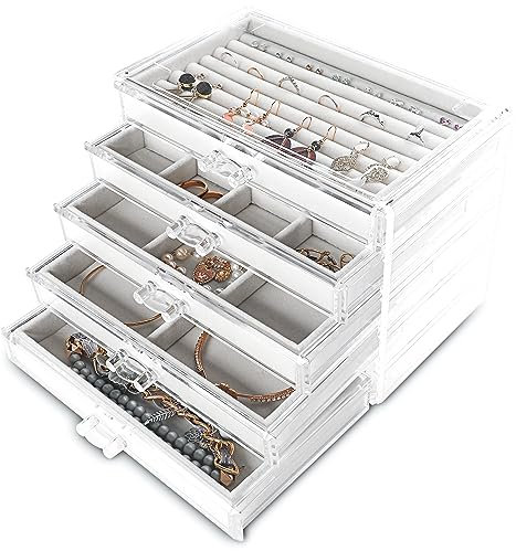 Frebeauty Extra große Acryl-Schmuckschatulle für Frauen, 5 Schichten, transparenter Schmuck-Organizer, Samt-Ohrring-Box mit 5 Schubladen, Ringe, Vitrine, Halskettenhalter (weiß)